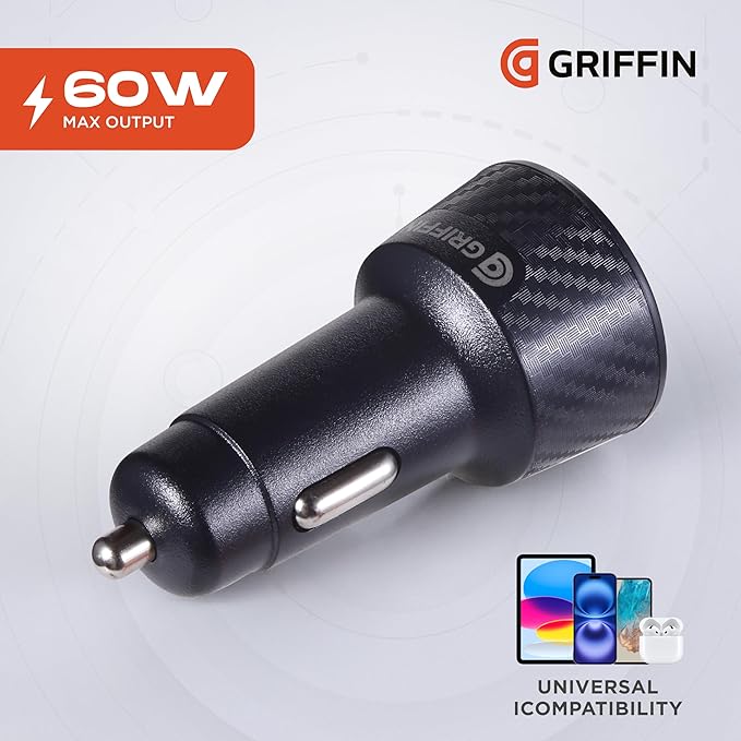 Griffin Dual Port Car Charger 60W, USB-C Car Adapter with 2 x 30W USB-C PD, Compact Multi-Port with Indicator Light