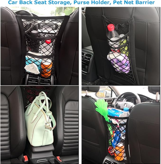 2 Pack Car Mesh Organizer, Dog Car Net Barrier Pet Barrier Stretchable Storage Handbag Holder Between Seats Universal for Cars SUVs, Car Divider for Driving Safely with Children and Pets