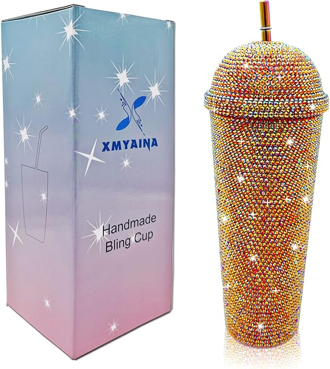 24oz Bling Cup Handmade Rhinestones Studded Tumbler Double Wall Insulated Plastic Reusable Water Bottle with Lid and Straws for Home Office Party Beach (Bright Red)