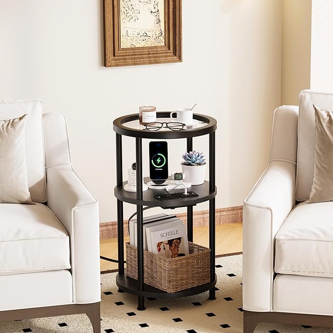 Homeiju Round Side Table with Glass Top, 3-Tier Glass End Table with USB Ports & Power Outlets, Bedside Table for Small Space for Living Room, Balcony, Bedroom, Black