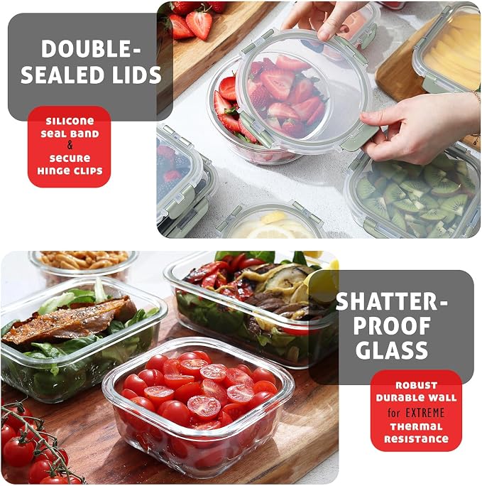 Nestl 24pc Glass Storage Containers with Lids, 12 Glass Food Storage Containers with 12 Airtight Lids for Pantry & Kitchen, Meal Prep Containers for Lunch, Oven Microwave & Dishwasher Safe, Sage Green