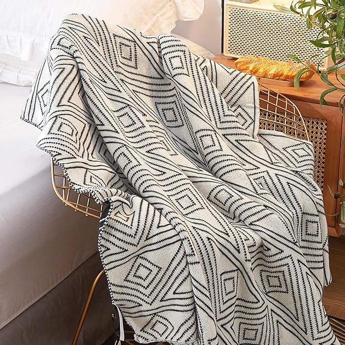 Black and White Throw Blankets Queen Size, Knitted Modern Patterned Throw Blanket, Soft Lightweight Woven Throw Blanket for Sofa Couch Bed and Living Room, Black&White (60x80 Inch)