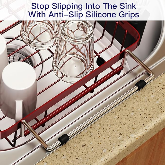 MAJALiS Red Dish Drying Rack Over The Sink, Expandable Stainless Steel Dish Drainer for Small Kitchen Counter Space Saving, RV Compact Plate Strainer in Metal with Hanging Adjustable Utensil Holder
