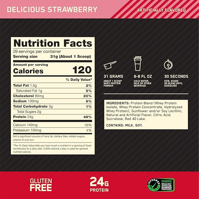 Optimum Nutrition Gold Standard 100% Whey Protein Powder, Delicious Strawberry, 2 Pound (Packaging May Vary)
