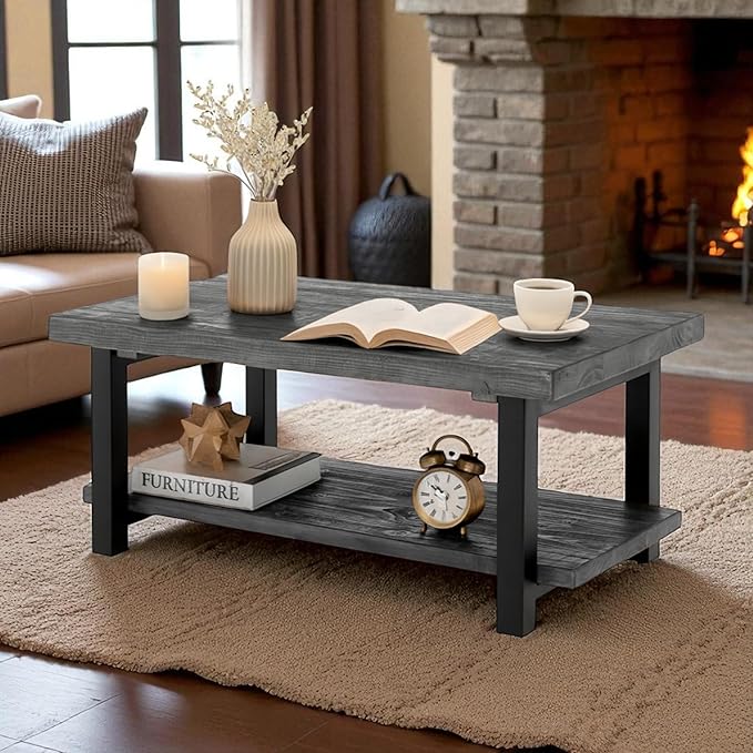 Pomona 42-Inch Rectangular Solid Wood Coffee Table with Storage Shelf & Metal Legs – Modern Rustic Industrial Living Room Table by Alaterre Furniture (Slate Grey)