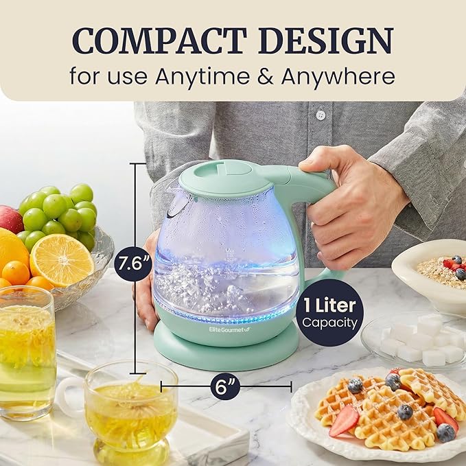 Elite Gourmet 1L Glass Electric Water Kettle, BPA-Free, Fast Boil, Auto Shut-Off, Boil-dry Protection, 360° Swivel Base with Cordless Serving, Clear-view Water Level Markings, Mint