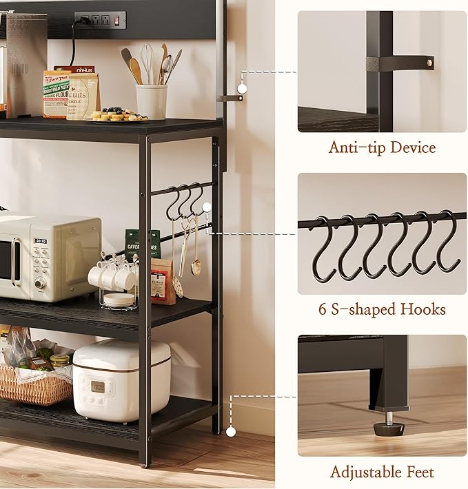 SUPERJARE Bakers Rack with Power Outlets, Microwave Stand, 39.4 X 14.3 Inch Larger Desktop, Kitchen Storage Rack with Adjustable Middle Shelf, 6 S-Shaped Hooks, Coffee Bar Stand, Black