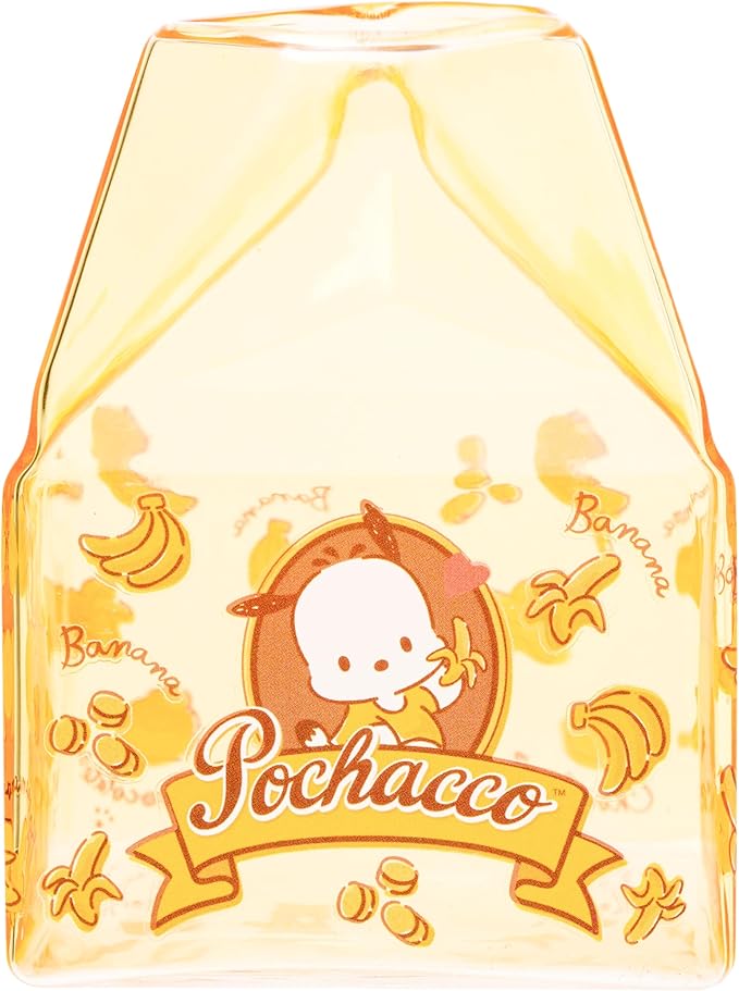 Silver Buffalo Sanrio Hello Kitty and Friends Featuring Pochacco Bananas Yellow Glass Milk Cup, 11.9 Ounces