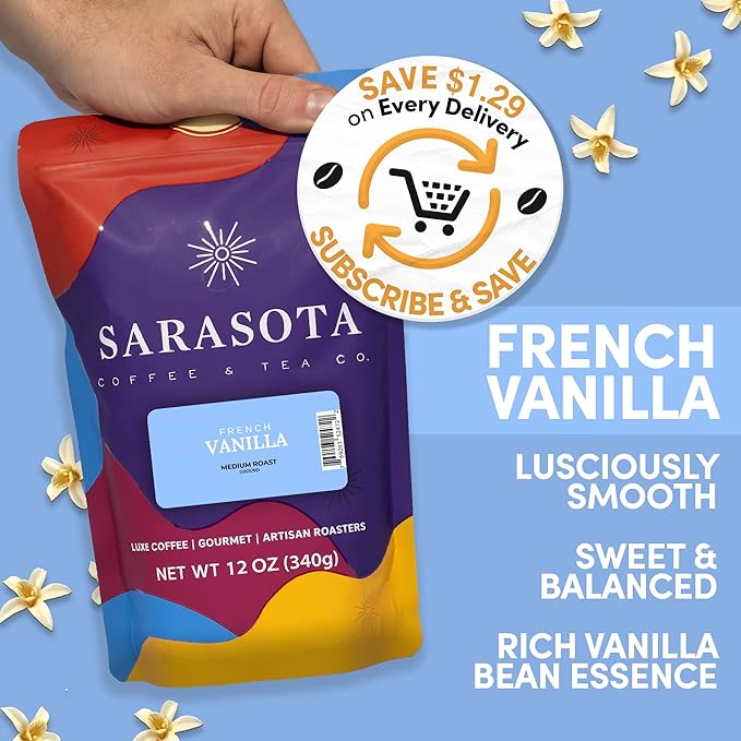 French Vanilla Ground Coffee 12oz – Vanilla Flavored Coffee, Medium Roast Gourmet Arabica, Smooth & Sweet Specialty Grade
