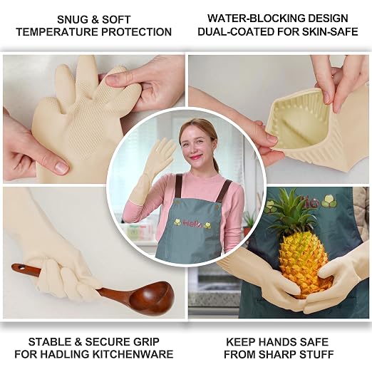 DABOGOSA Mamison 2 Pairs Reusable Waterproof Household Dishwashing Cleaning Rubber Gloves, Non-Slip Kitchen Glove (Ivory, Large (Pack of 2))