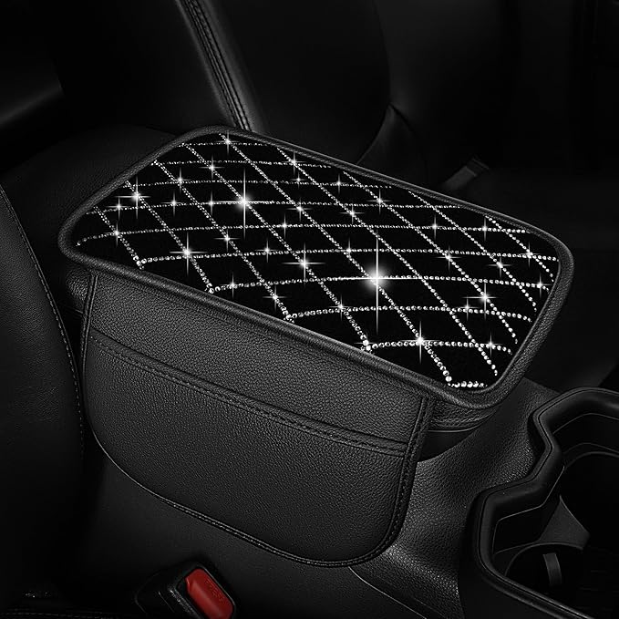 Bling Armrest Cover for Car Compatible with Jeep Wrangler - Center Console Cover with 2 Storage Pockets and Crystal Diamond(Black)
