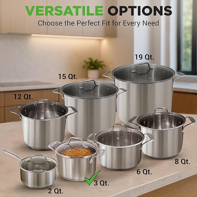 NutriChef 3-Quart Stainless Steel Soup Pot - 18/8 Food Grade Heavy Duty Cookware, Stock Pot, Stew Pot, Simmering Pot Kitchenware w/See Through Lid, Dishwasher Safe, For Induction Gas Ceramic Cooktops