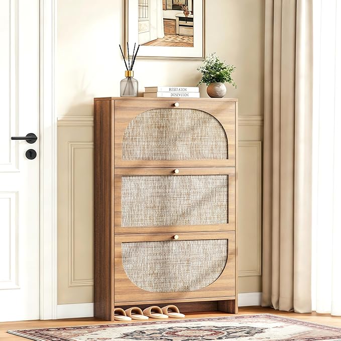 Nicetree Rattan Arched Accent Shoe Storage Cabinet - Freestanding Ultra Slim for Entryway, 3 Flip Drawers & 3-Tier Adjustable Shelves, Farmhouse Modern Rustic Shoe Rack for Hallway, Foyer, Living Room
