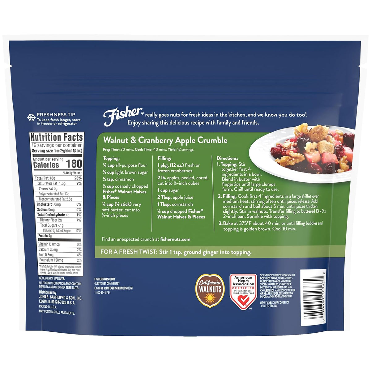 Fisher Chef's Naturals Walnut Halves & Pieces 16 oz, 100% California Unsalted Walnuts for Baking & Cooking, Healthy Snacks for Adults, Resealable Bag, Vegan Protein, Keto Snack, Chopped Nuts, Topping