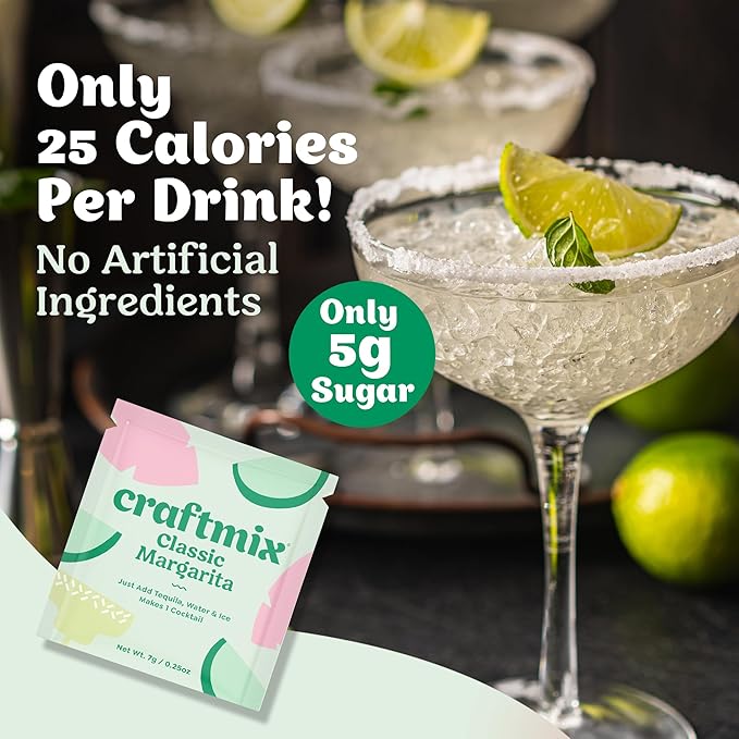 Craftmix Classic Margarita Cocktail & Mocktail Drink Mixer, Skinny Mixes - Water Flavoring Packets - Made With Real Fruit - Vegan, Low-Carb, Low-Sugar, Non-GMO, Dairy Free, Gluten Free, 12 Pack