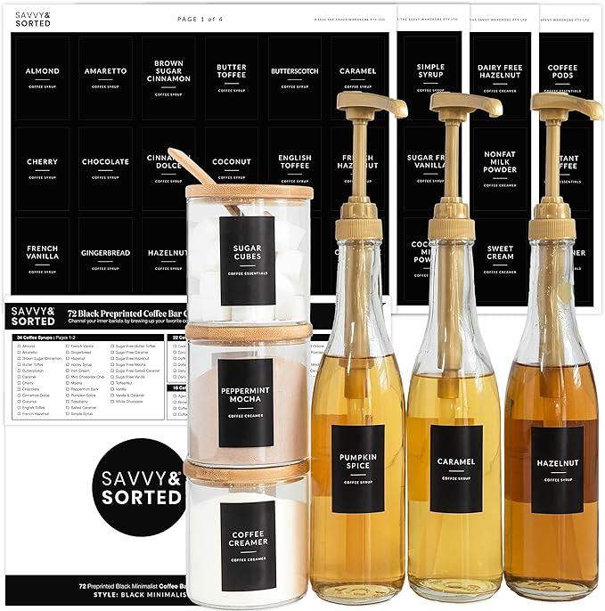 Black Coffee Bar Essentials Labels, 72 Preprinted Coffee Syrup Station Organizer Stickers, Accessories and Gifts for Coffee Lovers