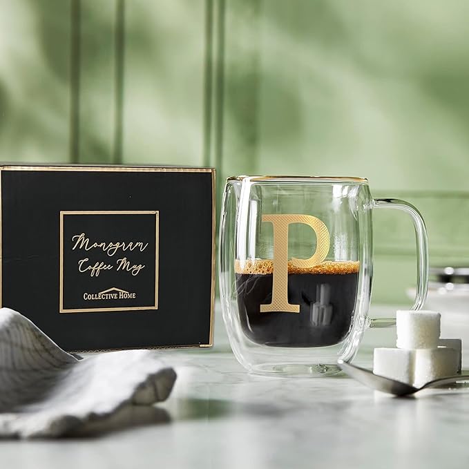 COLLECTIVE HOME - Double Walled Glass Coffee Mugs, Insulated Coffee Mug with Handle, Personalized Gifts for Women, Men, Christmas, 14 oz Monogram Cups (P)
