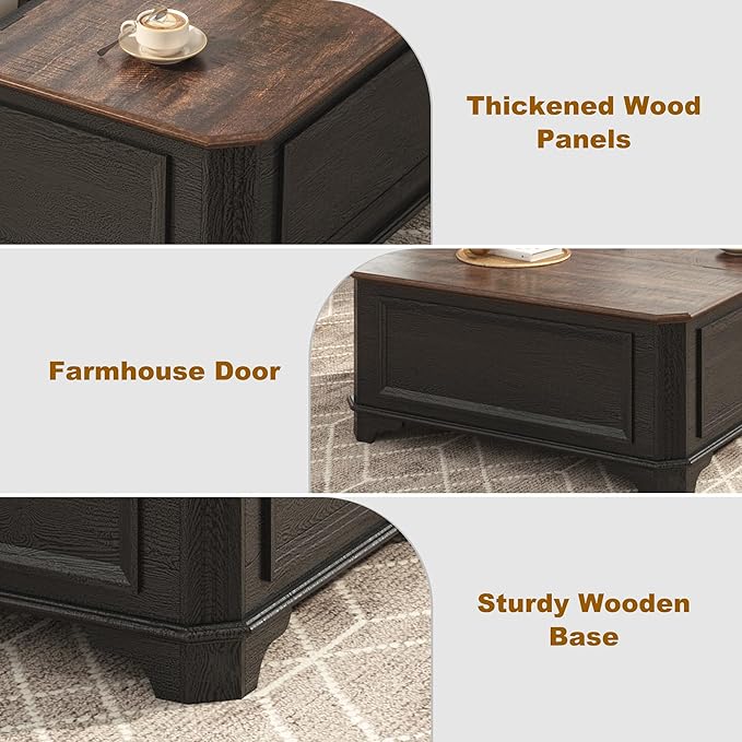 40 Inch Farmhouse Lift Top Coffee Table with Charging Station & Hidden Storage - Square Center Table with Adjustable Lifting Top, Large Storage Cabinet for Living Room, Bedroom, Home Office, Black