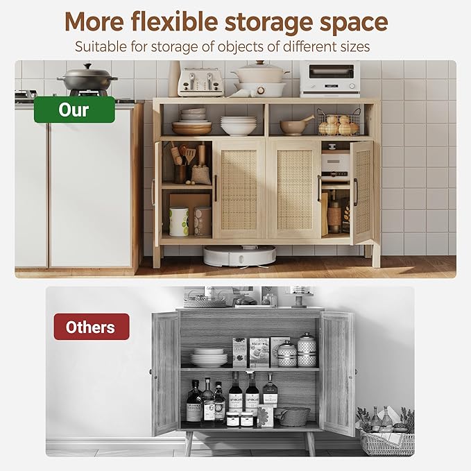 Mericonia Rattan Buffet Cabinet with Storage, Sideboard with Doors, Console Table, Farmhouse Coffee Bar, Modern Wood Storage Cabinets TV Stand(Oak 2.0)