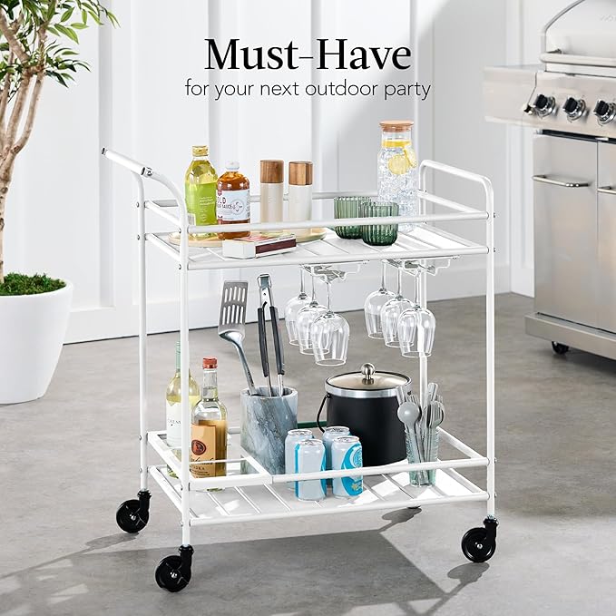 Best Choice Products Rolling Bar Cart, Mobile Home Bar Serving Cart, Serving Station w/ 2 Tier Shelves, Wine Rack, Lockable Wheels - White