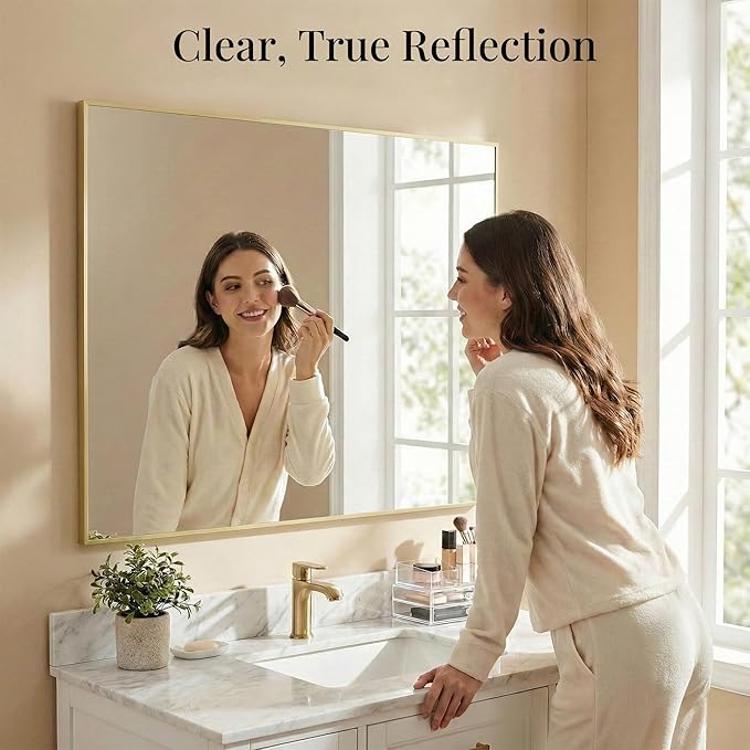 36"x48" Large Gold Bathroom Mirror, Metal Framed Vanity Mirror for Wall, Wide 48"x36" Rectangular Mirror Over Sink, Luxury Living Room Decor, Flush Mount