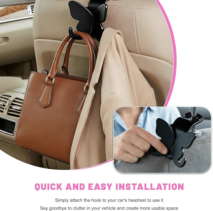 2 PCS Car Seat Headrest Hook, Butterfly Multipurpose Storage Hook Seat Back Purse Holder, Cute Butterfly Headrest Purse Hanger Interior Accessories for Car Truck SUV (Black)