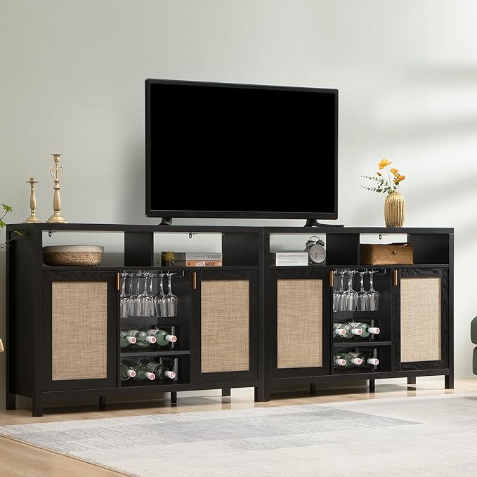SICOTAS Rattan Coffee Bar Cabinet, 102" Sideboard Buffet Cabinet with Storage, Modern Liquor Wine Cabinet Set of 2 Credenza Console Buffet Table for Home Living Dining Room Entryway, Black