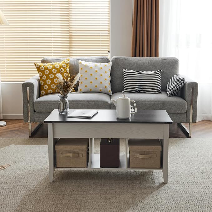 VINGLI Farmhouse Lift Top Coffee Table, Rustic Grey with Storage Shelf/Hidden Compartment, Mesa De Centro para Sala, Rustic Brown (White Charcoal, 40" L)