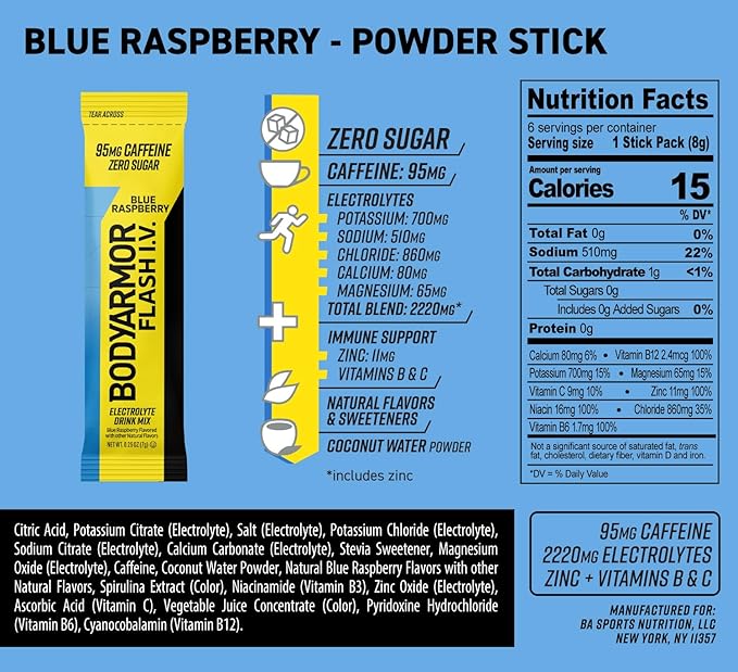 BODYARMOR Caffeinated Flash I.V. Electrolyte Packets Blue Raspberry - Zero Sugar Energy Drink Mix, Serve Packs, Hydration for Pre Workout, Travel Essentials, Active Lifestyle, 6 Count (Pack of 2)