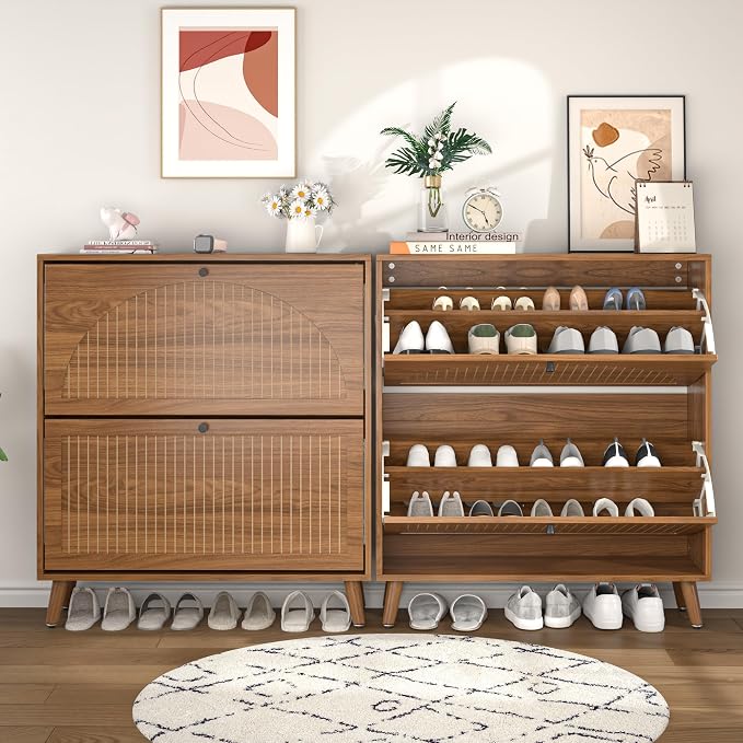 Fsbecl Shoe Storage Cabinet for Entryway with 2 Flip Drawers, Narrow Wood Shoe Cabinet with Fluted Panel, Freestanding Hidden Shoe Organizer for Foyer, Hallway (Walnut)