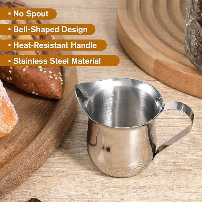 2PCS Stainless Steel Bell Creamer Milk Frother Cup Small Frothing Pitcher for Coffee Barista Cappuccino Shop Restaurant Bakery Kitchen
