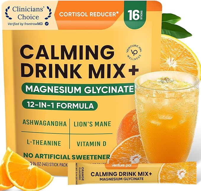 Venture Pal Calm Drink Mix, Cortisol Reducer and Sleep Aid with Magnesium Glycinate, Ashwagandha, L-Theanine,Vitamin D, Calm Magnesium Powder for Relax & Focus, No Sugar, Non GMO, Vegan & Gluten-Free