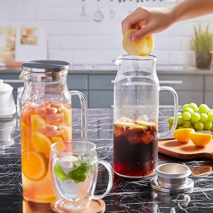 Bivvclaz 2 Pack 1.6 Liter 54 oz Glass Pitcher with Lid and Handle, Glass Carafe Water Pitcher for Hot/Cold Water, Iced Tea, Drinks, Coffee, Juice and Homemade Beverage