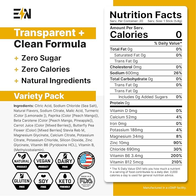 Engineered Nutrition Sugar-Free Electrolyte Powder Packets - Variety Pack - Keto Hydration Packets with Magnesium, Potassium & Sodium - Zero Calorie, Vegan, Non-GMO, Gluten-Free - 20 Single Servings