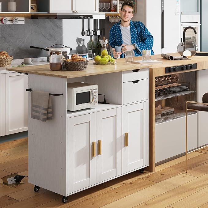 Rolling Mobile Kitchen Island Cart with Desktop Drop Leaf Countertop, Island Table Storage with 5 Wheels, Rolling Kitchen Cabinet with Power Socket (White, Model 2)