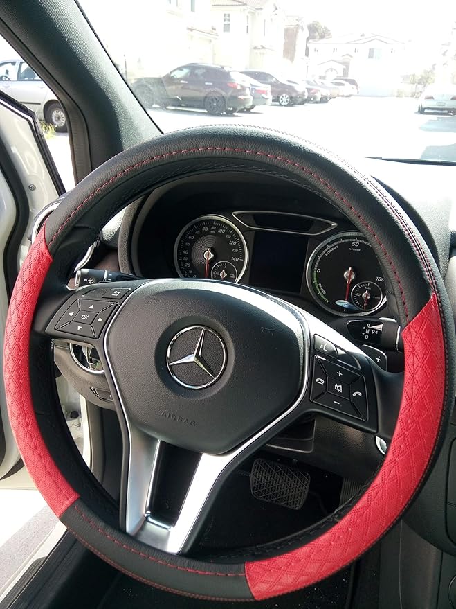 Jdragon Black & Red PU Leather Great Comfort Slip-On Steering Wheel Cover 14.25-15" Diameter