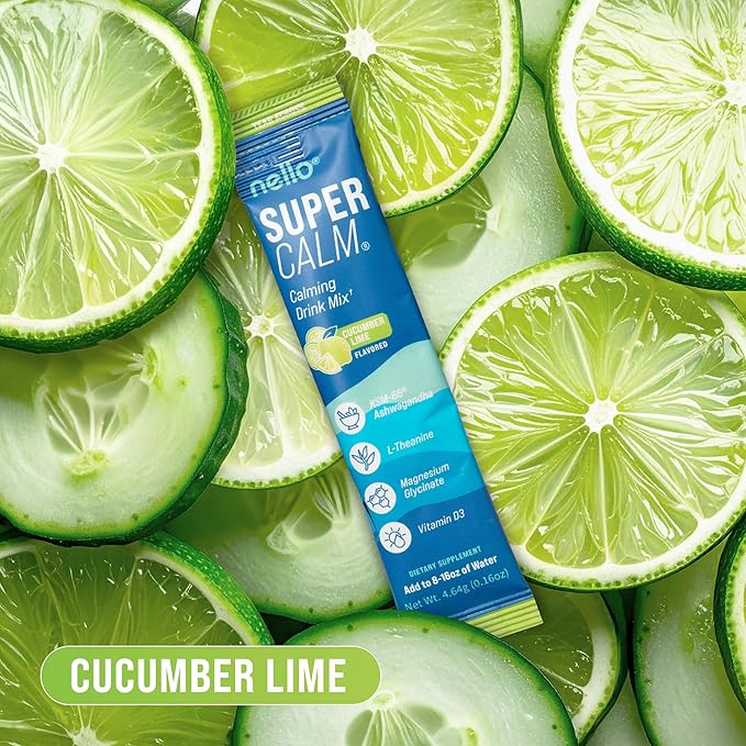 Nello Supercalm Powdered Drink Mix, Cortisol Reducer and Sleep Aid Supplement, L Theanine, Ksm-66 Ashwagandha, Magnesium Glycinate, Vitamin D 3, No Sugar, Non GMO, On The Go, 20 Ct, Cucumber Lime