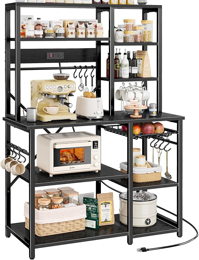 SUPERJARE Large Bakers Rack with Power Outlets, 6-Tier Microwave Stand, Coffee Bar with 12 S-Shaped Hooks, Kitchen Shelf with Wire Basket, 39.4 x 14.6 x 66.9 Inches, Black