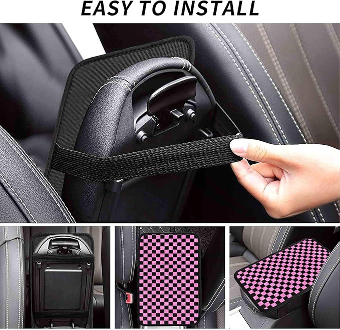 Glitter Pink Black Checkered Chessboard Flag Car Armrest Pad Cute Cars Center Console Cover Auto Handrail Box Cushion Armrests Cover