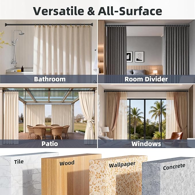 STARLATTA Long Tension Shower Curtain Rod 31-94 Inch: 1.1" Dia Rustproof Stainless Steel, No Drilling Heavy Duty, Adjustable Room Divider for Bathroom Window, Matte Black