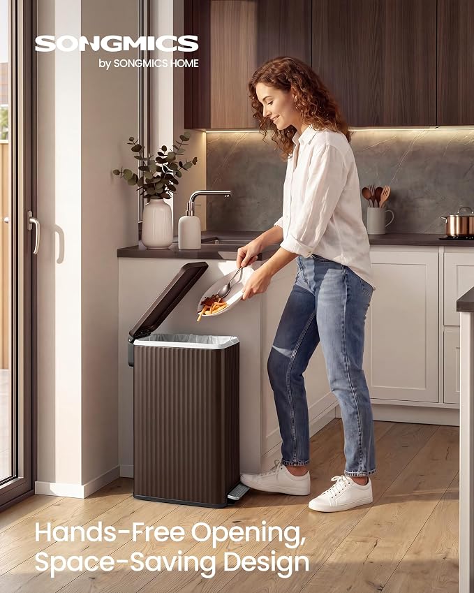 SONGMICS Trash Can, 13 Gallon (50 L) Slim Garbage Can for Kitchen, with Soft-Close Lid, Pedal, Removable Inner Bucket, Stainless Steel, 15 Trash Bags, Space-Saving, Brown ULTB350MZ01
