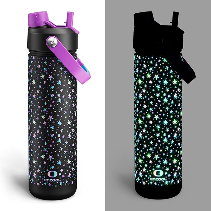 ENCOOL Insulated Water Bottle with Straw Stainless Steel Water Bottle, Glow in the Dark, Leak-Proof, BPA-Free, Keeps Cold for 24 Hours for Sports, Travel, School (26 oz, Neon Starlight)