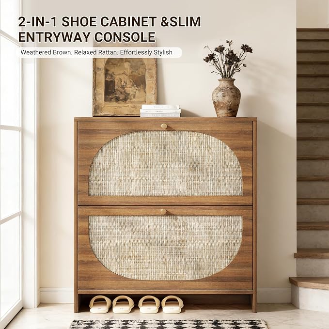 Nicetree Shoe Storage Cabinet for Entryway, 9.5" Ultra Slim Rattan Vintage Flip Shoe Rack- 2 Flip Drawers & 3-Tier Adjustable Shelves,Boho Shoe Organizer for 16-24 Pairs - Fits Size 12 Boots (Oak)