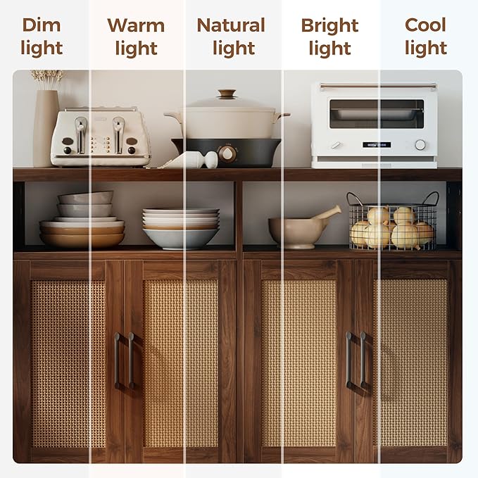 Mericonia Rattan Buffet Cabinet with Storage, Sideboard with Doors, Console Table, Farmhouse Coffee Bar, Modern Wood Storage Cabinets TV Stand(Walnut 2.0)