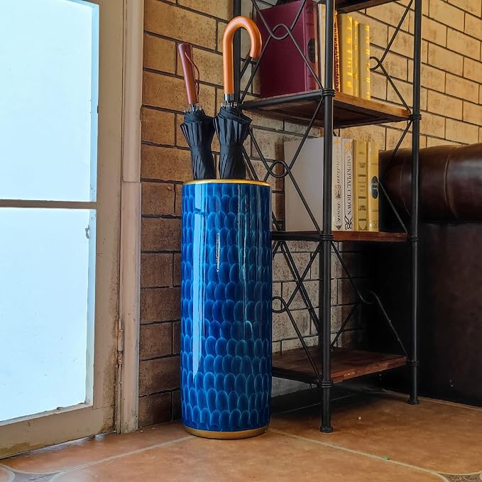 Luxurious Umbrella Stand Holder Umbrella Bucket Umbrella Rack Barrel Hand-Painted Feather Theme Porcelain Ceramic Floor Vase Entryway Porch Indoor 24" High Peacock Blue