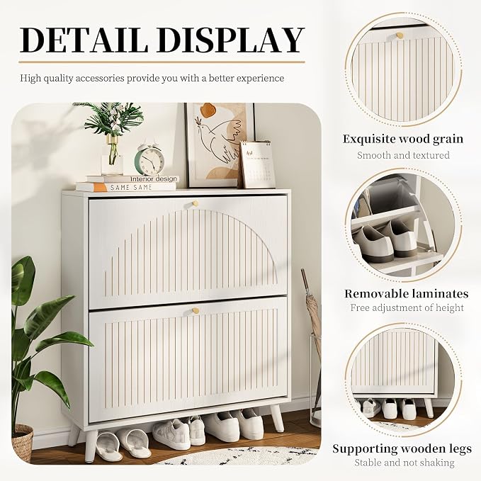 Fsbecl Shoe Storage Cabinet for Entryway with 2 Flip Drawers, Narrow Wood Shoe Cabinet with Fluted Panel, Freestanding Hidden Shoe Organizer for Foyer, Hallway (White - with Shelf)