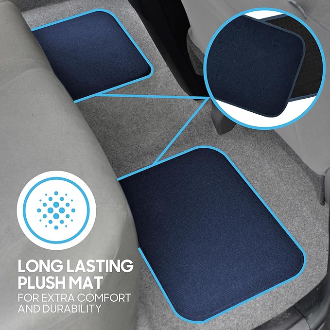 BDK Classic Carpet Floor Mats for Car & Auto - Universal Fit -Front & Rear with Heelpad (Blue) - MT-100-BL