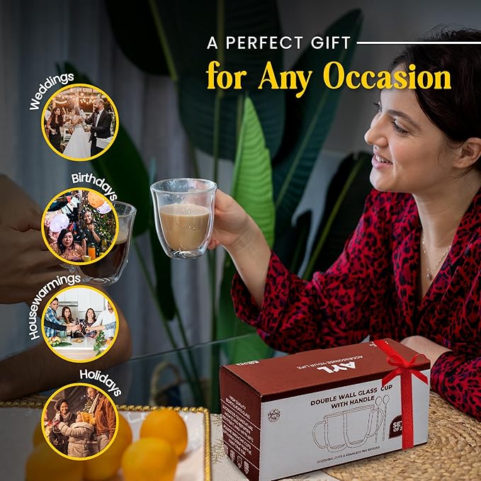 AYL Double Wall Coffee Mugs with Handle (9oz) - Insulated Glass Cups for Tea, Coffee, Cappuccino, Espresso & Latte - Elegant & Clear Beverage Glasses