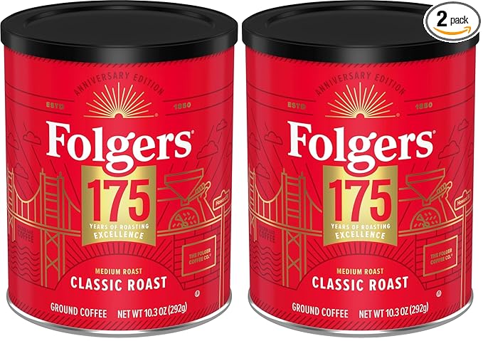 Folgers Classic Medium Roast Ground Coffee, 10.3 Oz 175th Anniversary Limited Edition Metal Can (Pack of 2)