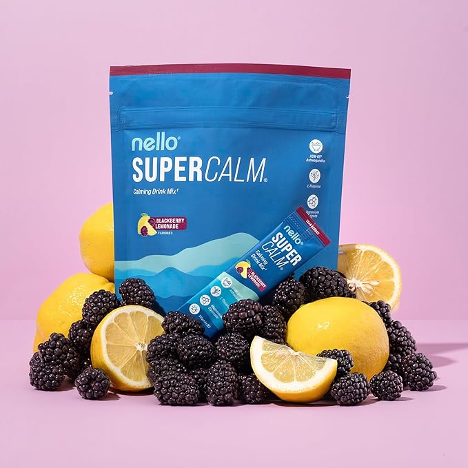 Nello Supercalm Powdered Drink Mix, Cortisol Reducer*, Sleep Aid Supplement, L Theanine, Ksm-66 Ashwagandha, Magnesium Glycinate, Vitamin D 3, No Sugar, Non GMO, 20 Ct, BlackBerry Lemonade